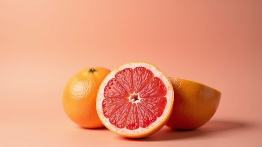Friss grapefruit, csonkítva és egészben, élénk háttéren.