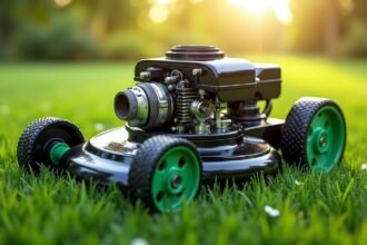 Fűnyíró regulátor közelről a dús zöld gyepben