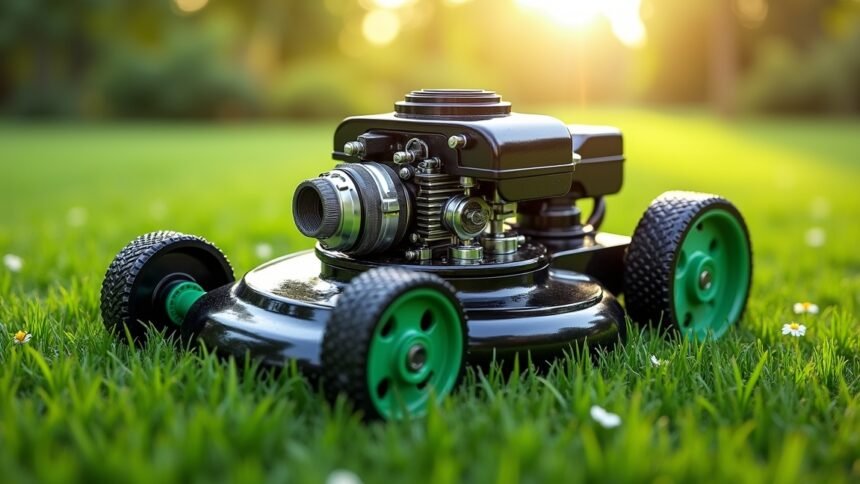 Fűnyíró regulátor közelről a dús zöld gyepben