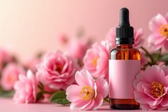 Rózsamuskátli illóolaj üvegpalack rózsaszín virágok mellett