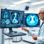 Orvos PET-CT vizsgálat képeket elemez a számítógépen.