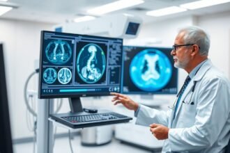 Orvos PET-CT vizsgálat képeket elemez a számítógépen.