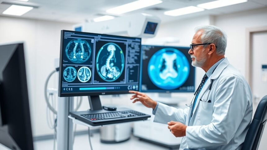 Orvos PET-CT vizsgálat képeket elemez a számítógépen.