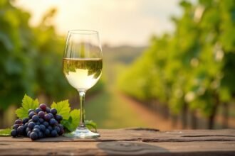 Egy pohár fehérbor és szőlő a szőlőültetvény háttérben