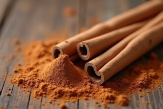 Fahéj rudak és fahéjföld a fából készült asztalon.