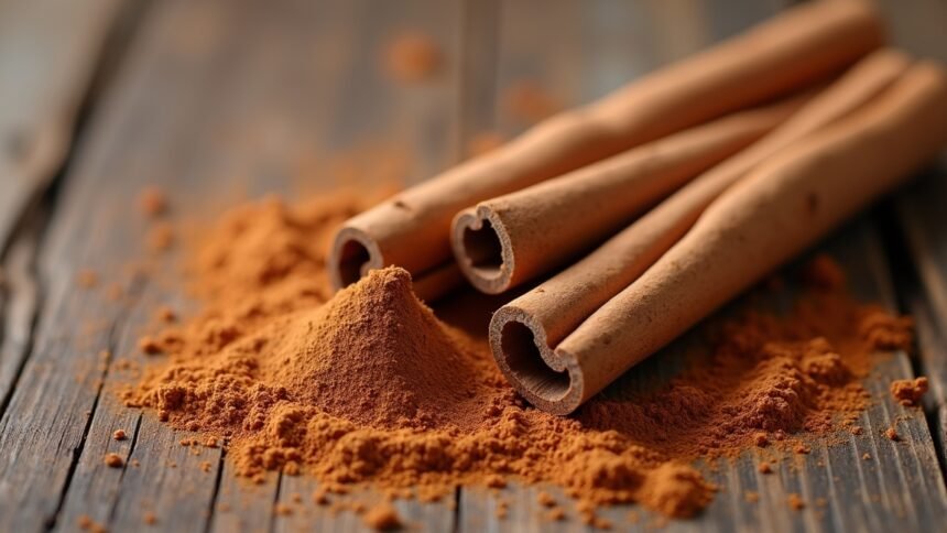 Fahéj rudak és fahéjföld a fából készült asztalon.