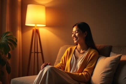 Nő napfénylámpa fénye mellett, boldogan ülve egy kanapén.