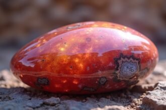 Mokait ásvány szikla háttérben, ragyogó felülettel.