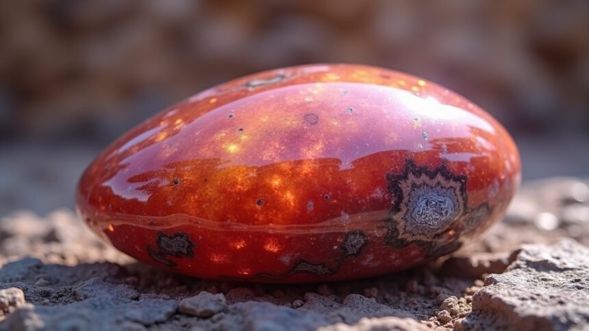 Mokait ásvány szikla háttérben, ragyogó felülettel.