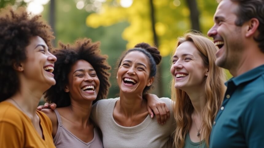 Öt fiatal felnőtt, akik boldogan nevetnek egy parkban.