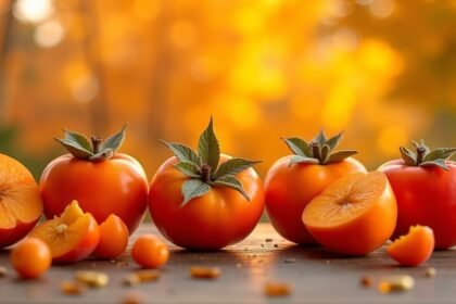 Kakiszilva gyümölcsök asztalon, szép őszi háttérrel.