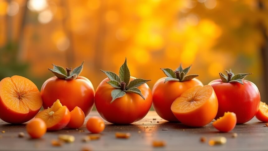 Kakiszilva gyümölcsök asztalon, szép őszi háttérrel.