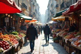 Piac jelenet gyümölcsökkel és zöldségekkel, emberek sétálnak
