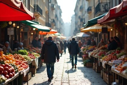 Piac jelenet gyümölcsökkel és zöldségekkel, emberek sétálnak