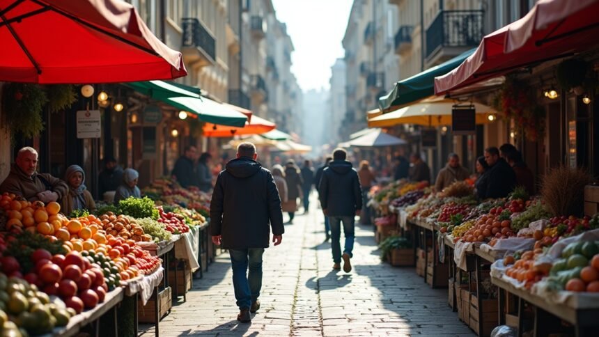 Piac jelenet gyümölcsökkel és zöldségekkel, emberek sétálnak