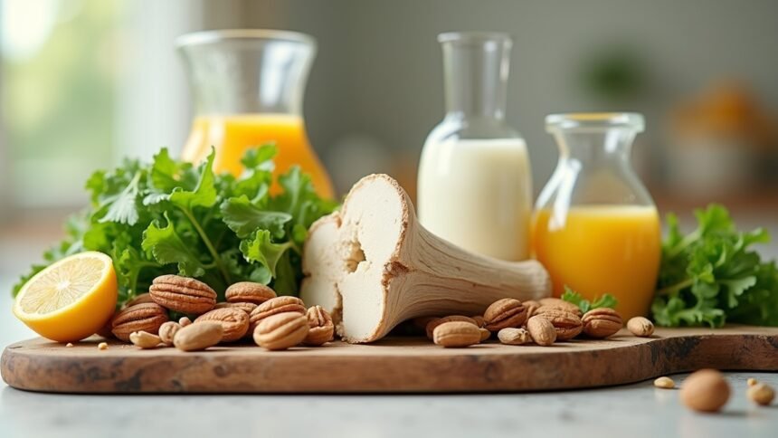 Kalcium források: zöldségek, gyümölcsök és diófélék.