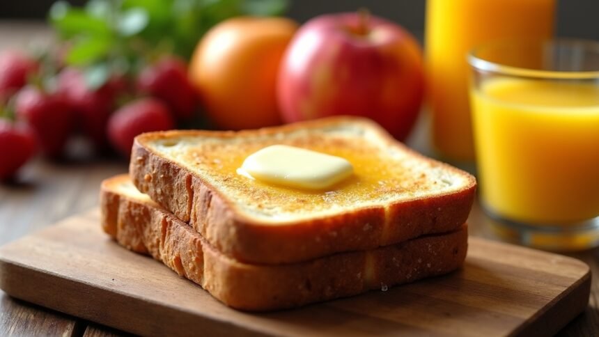 Pirítós kenyér vajjal és friss gyümölcsökkel reggelire.