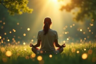 Meditáló nő a napfényben, természetes környezetben.