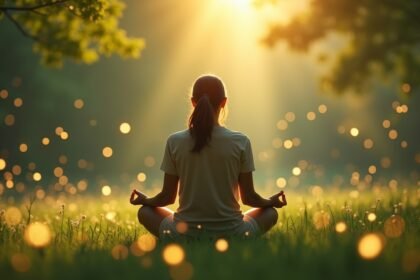 Meditáló nő a napfényben, természetes környezetben.