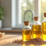 Lenmagolaj üvegek és lenmag a konyhában, egészséges táplálkozás