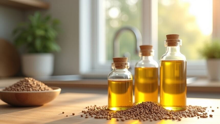 Lenmagolaj üvegek és lenmag a konyhában, egészséges táplálkozás