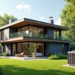 Modern hőszivattyú a zöld kertben egy modern ház mellett.