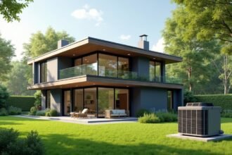 Modern hőszivattyú a zöld kertben egy modern ház mellett.