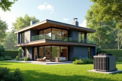 Modern hőszivattyú a zöld kertben egy modern ház mellett.