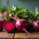 Friss cékla és zöld levelei egy fás asztalon, színes gyümölcsök társaságában.