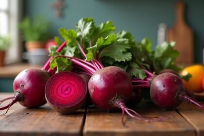 Friss cékla és zöld levelei egy fás asztalon, színes gyümölcsök társaságában.