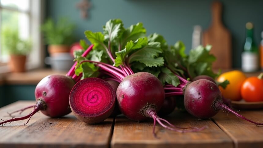 Friss cékla és zöld levelei egy fás asztalon, színes gyümölcsök társaságában.