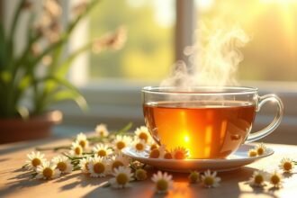 Friss, gőzölgő kamilla tea egy üvegcsészében, virágokkal körülvéve.