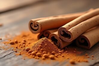 Fahéj rudak és por egy rusztikus fa asztalon