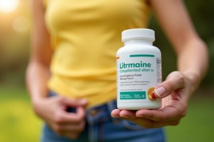 A Litramine fogyókúrás kiegészítő, amit egy nő tart a kezében.