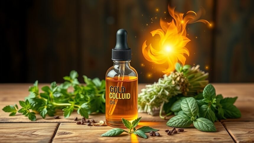 Aranykolloid olaj üveg és friss gyógynövények háttérben