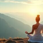 Meditáló nő a hegyekben napfelkelténél, tibeti rítusok gyakorlása.