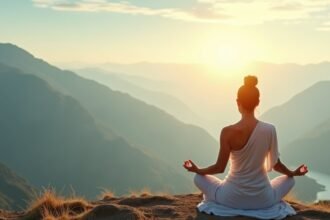 Meditáló nő a hegyekben napfelkelténél, tibeti rítusok gyakorlása.