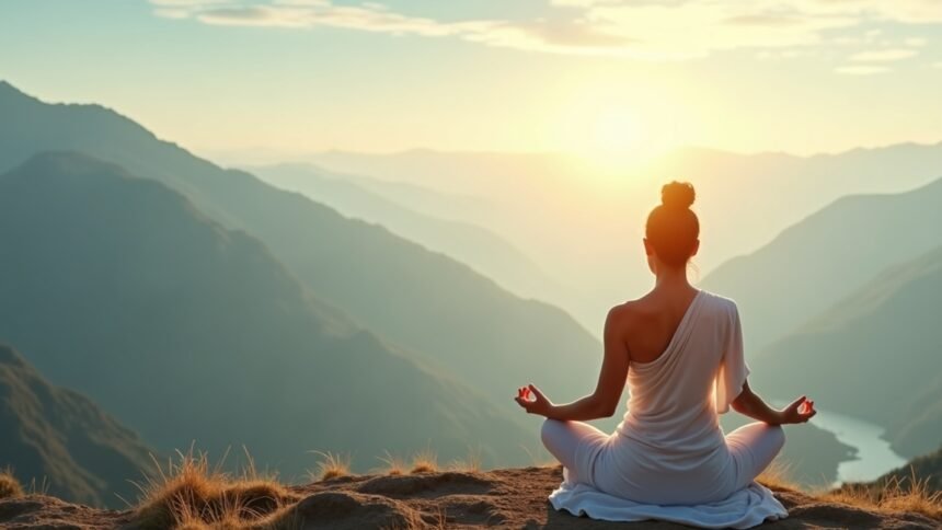 Meditáló nő a hegyekben napfelkelténél, tibeti rítusok gyakorlása.