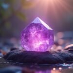 Ametiszt kristály egy vízparti kövön, napsütésben