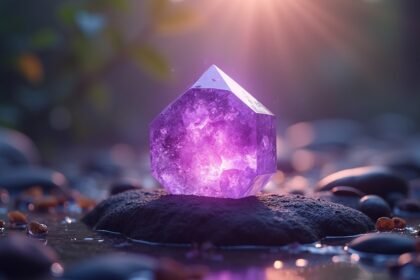 Ametiszt kristály egy vízparti kövön, napsütésben