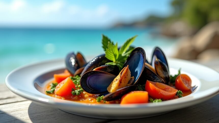 Kékkagyló tál friss zöldségekkel tengerparti háttérrel