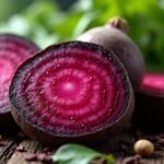 Fekete retek, vágott keresztmetszettel, friss zöld levelekkel.