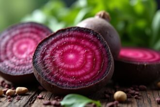 Fekete retek, vágott keresztmetszettel, friss zöld levelekkel.