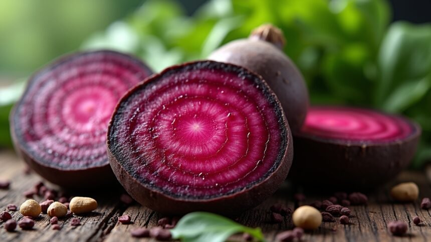 Fekete retek, vágott keresztmetszettel, friss zöld levelekkel.