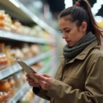 Nő élelmiszerboltban, maltodextrin tartalmú termékeket ellenőrizve.
