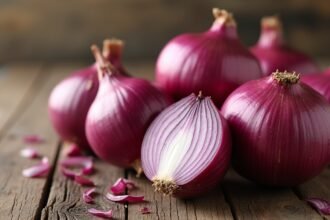 Lilahagyma friss tömbje, szeletelve és egészben.