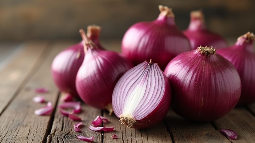 Lilahagyma friss tömbje, szeletelve és egészben.