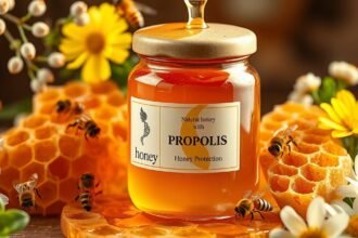 Propolisszal dúsított méz üvege virágokkal és méhekkel