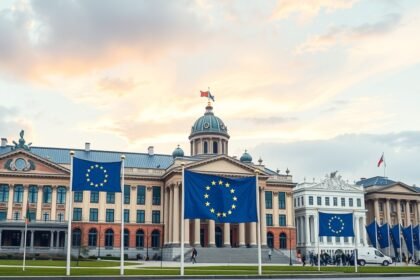 Az Európai Unió intézményei és épületei nyugalmas időjárásban.