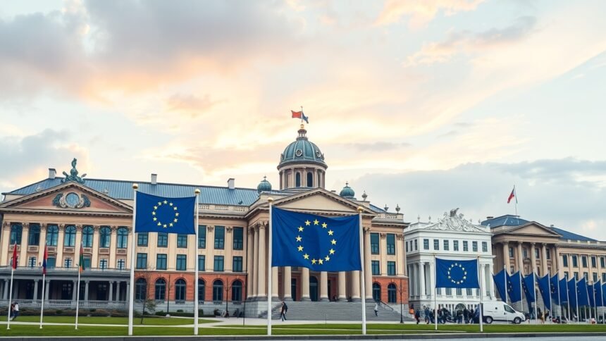 Az Európai Unió intézményei és épületei nyugalmas időjárásban.